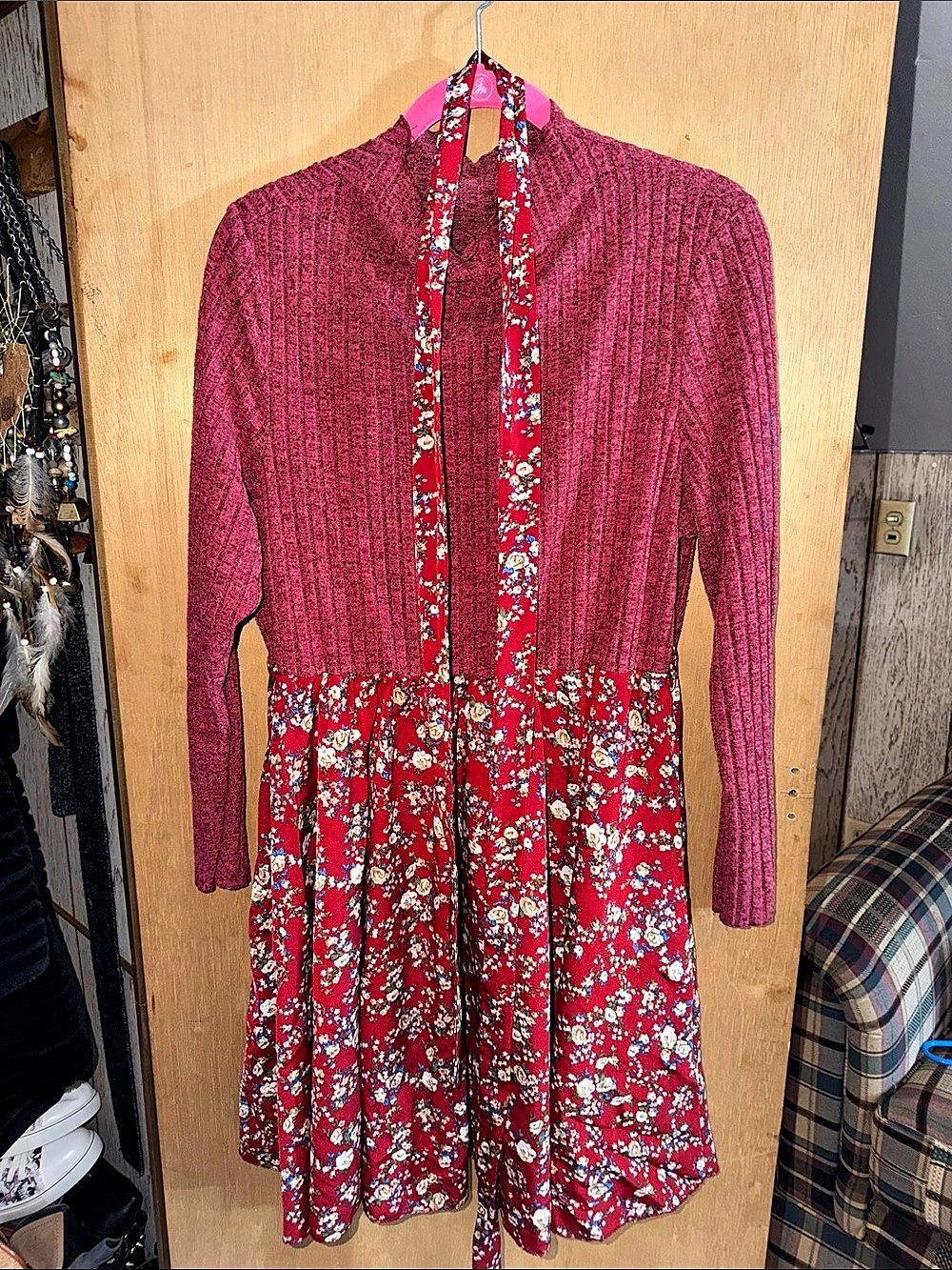 Floral Knit Midi Dress in Red & Pink Like New